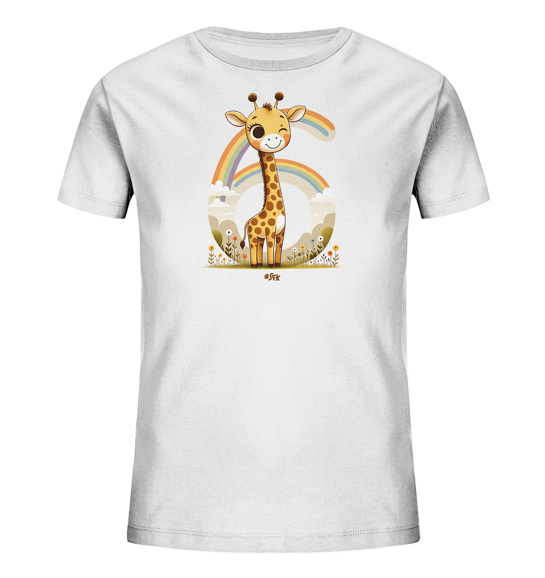 Onlineshop Shirts fuer Kinder - Das Bild zeigt ein weisses T-Shirt mit einer bunten Illustration. Im Zentrum steht eine laechelnde Giraffe vor einer grossen Zahl Sechs. Das Motiv umfasst einen Regenbogen, Wolken und eine Blumenwiese, was eine froehliche Szene darstellt. Es ist ein verspieltes Design, ideal fuer Kinder.