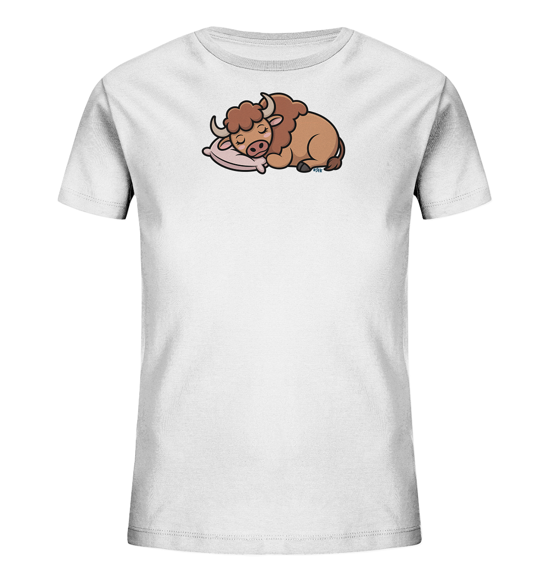 Onlineshop Shirts fuer Kinder - Das Bild zeigt ein weisses Kinder-T-Shirt mit einem niedlichen Cartoon-Motiv eines schlafenden Ochsen auf der Vorderseite. Der Ochse ist braun mit lockigem Fell und liegt friedlich auf einem rosa Kissen, die Augen geschlossen. Das Design wirkt beruhigend und verspielt, ideal fuer Kinder.