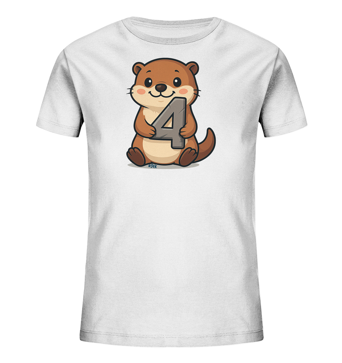 Onlineshop Shirts fuer Kinder - Das Bild zeigt ein weisses Kinder-T-Shirt mit einem niedlichen Cartoon-Motiv. Ein brauner Otter sitzt darauf und haelt eine grosse, graue Zahl Vier in seinen Pfoten. Der Otter hat ein freundliches Laecheln und grosse, dunkle Augen. Das Design wirkt verspielt und ansprechend fuer junge Kinder.