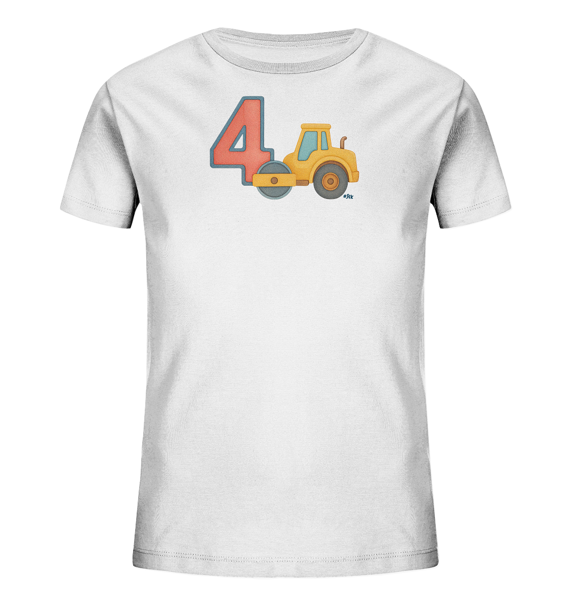 Onlineshop Shirts fuer Kinder - Das Bild zeigt ein weisses T-Shirt fuer Kinder. Auf der Vorderseite ist eine grosse rote Zahl '4' abgebildet. Daneben befindet sich die Illustration einer gelben Strassenwalze in einem kindgerechten Stil. Das Design ist klar und farbenfroh gestaltet.