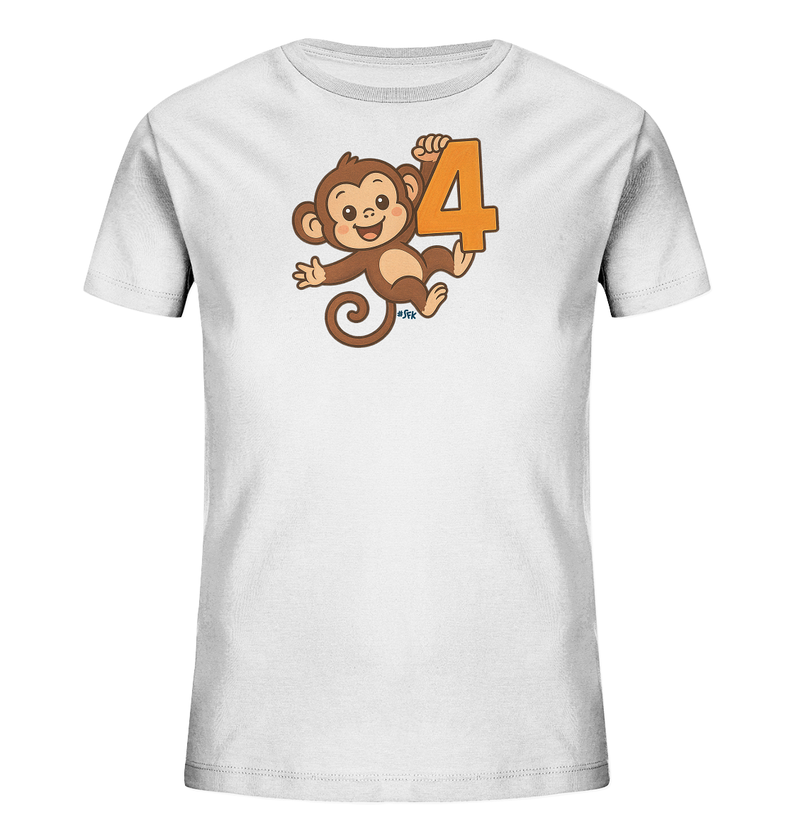 Onlineshop Shirts fuer Kinder - Das Bild zeigt ein weisses Kinder-T-Shirt mit einem niedlichen Affenmotiv auf der Vorderseite. Ein froehlicher Cartoon-Affe haelt die Zahl vier fest in seinen Haenden. Das Design wirkt lustig und ansprechend. Es ist ein einfacher, neutraler Druck fuer Kinder.