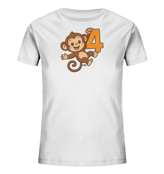 Onlineshop Shirts fuer Kinder - Das Bild zeigt ein weisses Kinder-T-Shirt mit einem niedlichen Affenmotiv auf der Vorderseite. Ein froehlicher Cartoon-Affe haelt die Zahl vier fest in seinen Haenden. Das Design wirkt lustig und ansprechend. Es ist ein einfacher, neutraler Druck fuer Kinder.