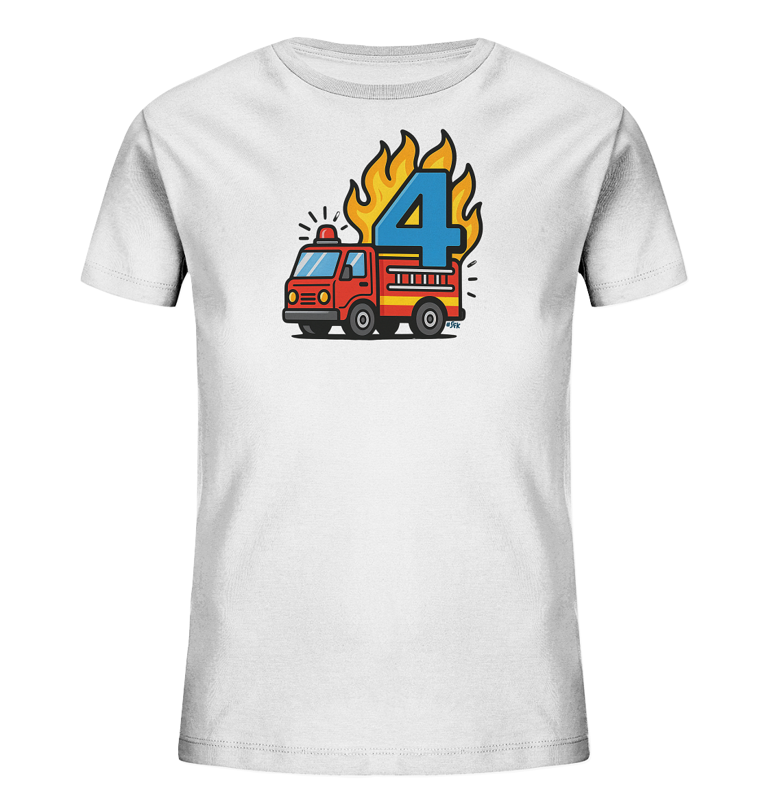 Onlineshop Shirts fuer Kinder - Das Bild zeigt ein weisses T-Shirt fuer Kinder mit einem farbenfrohen Motiv. Zentral ist ein rotes Feuerwehrauto abgebildet, hinter dem eine grosse blaue Zahl Vier steht. Um die Zahl herum sind gelbe und orangefarbene Flammen dargestellt. Dieses Design ist detailreich und spricht junge Feuerwehr-Fans an.