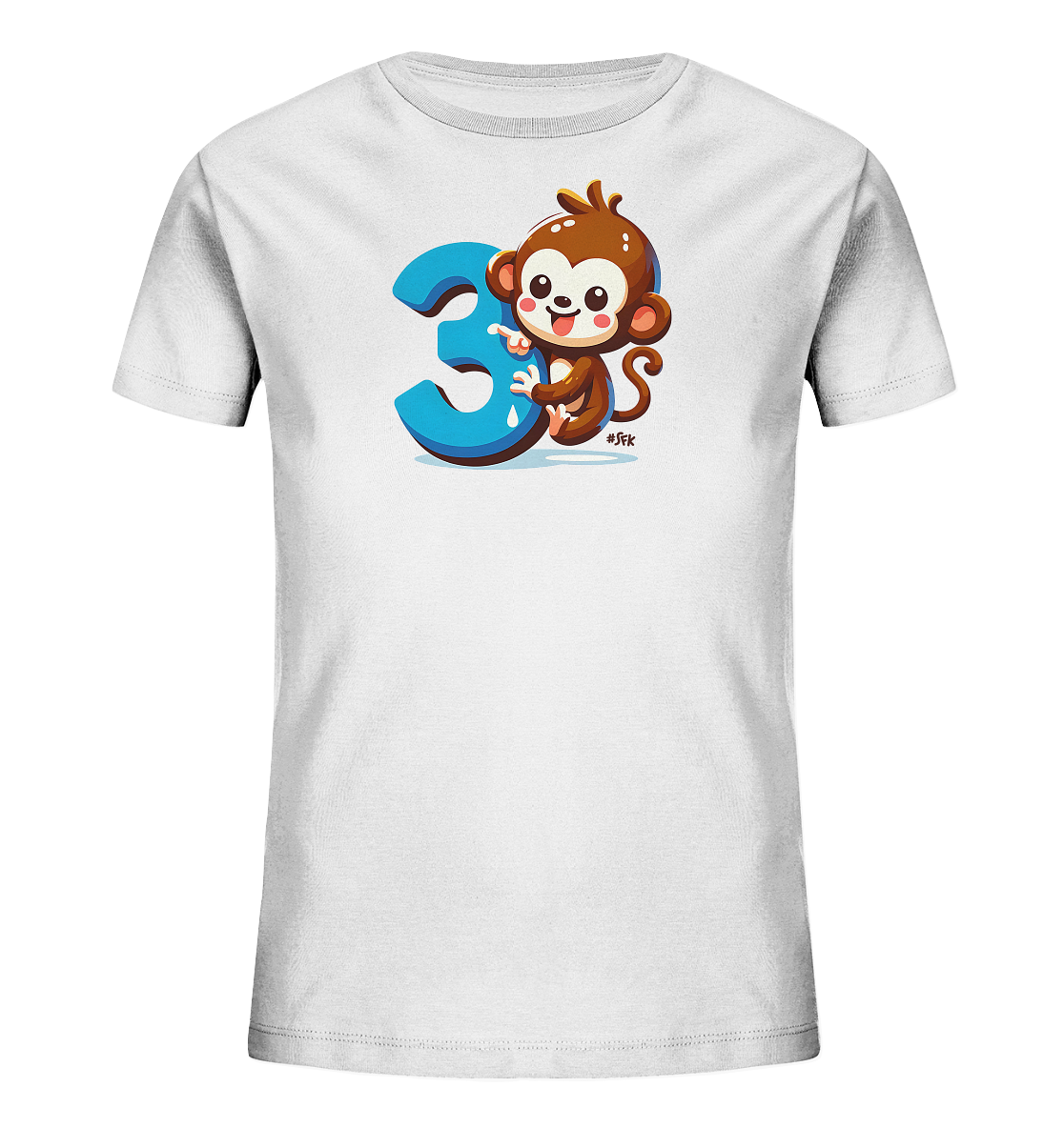 Onlineshop Shirts fuer Kinder - Das Bild zeigt ein weisses Kinder-T-Shirt mit einem lustigen Motiv auf der Vorderseite. Ein suesser, cartoonhafter Affe mit grossen Augen umarmt die grosse, blaue Zahl '3'. Das Design wirkt froehlich und verspielt, perfekt fuer einen Geburtstag oder als alltaegliches Kleidungsstueck. Die Illustration ist farbenfroh und kinderfreundlich gestaltet.