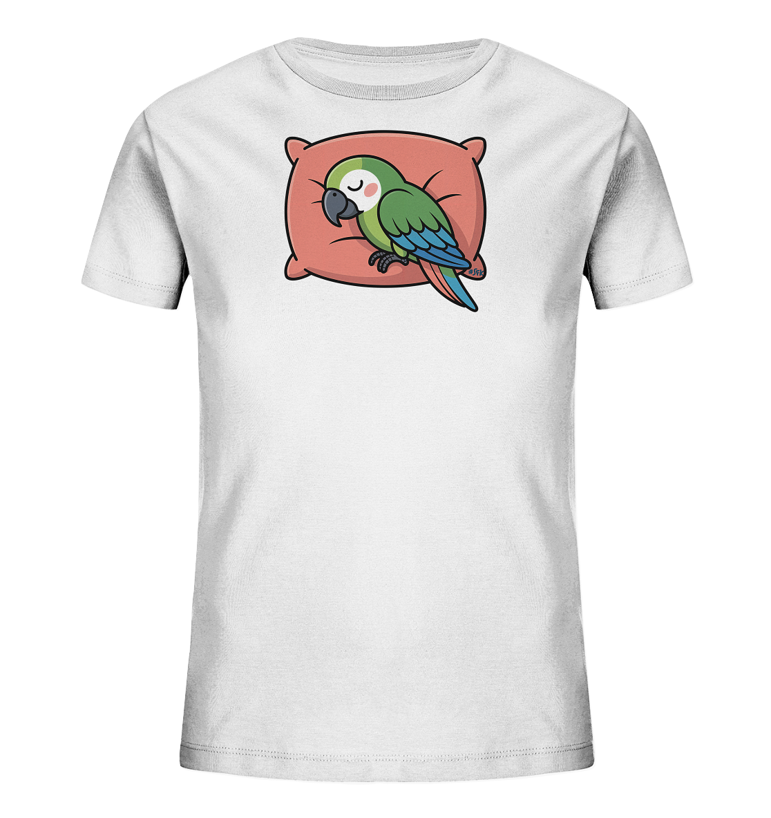 Onlineshop Shirts fuer Kinder - Das Bild zeigt ein weisses Kinder-T-Shirt mit einem niedlichen Motiv eines schlafenden Papageis. Der gruene Papagei mit blauen Fluegeln liegt friedlich auf einem pfirsichfarbenen Kissen. Die Augen des Vogels sind geschlossen, was einen ruhigen Ausdruck vermittelt. Das Design wirkt sanft und kinderfreundlich, ideal fuer entspannte Tage.