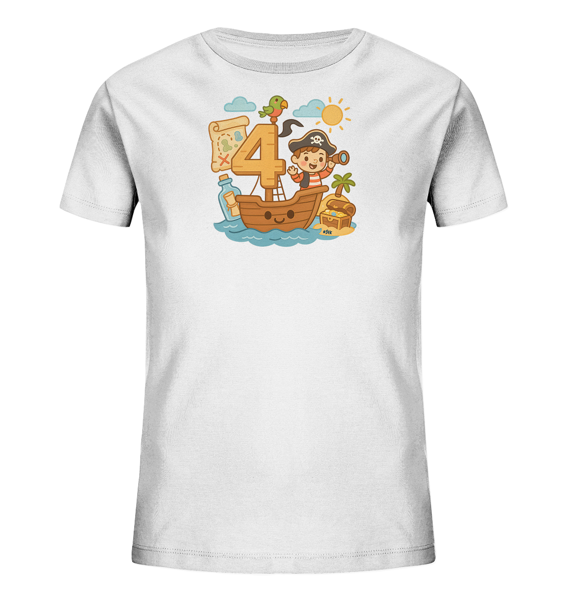 Onlineshop Shirts fuer Kinder - Das Bild zeigt ein weisses T-Shirt fuer Kinder mit einem farbenfrohen Piratenmotiv auf der Vorderseite. Im Zentrum des Designs steht die grosse Zahl '4', um die sich eine Szene mit einem kleinen Boot, einem Piratenkind, einem Papagei und einer Schatzkarte gruppiert. Eine Insel mit Palme und Schatztruhe sowie eine Flaschenpost ergaenzen das verspielte Thema. Das Motiv wirkt froehlich und abenteuerlich.