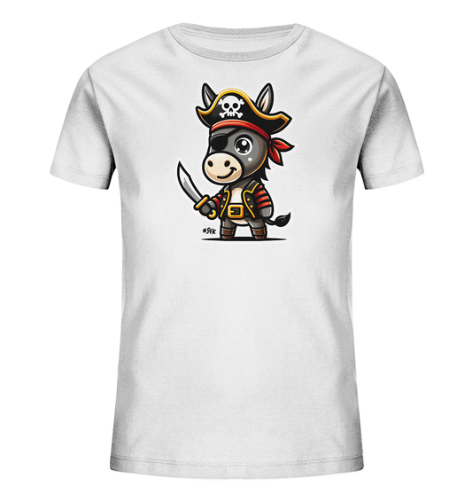 Onlineshop Shirts fuer Kinder - Das Bild zeigt ein weisses T-Shirt fuer Kinder. Darauf ist eine detailreiche Cartoon-Illustration eines niedlichen Esels als Pirat zu sehen. Der Esel traegt einen Piratenhut mit Totenkopf, eine Augenklappe und haelt einen Saebel. Dieses Design verleiht dem Shirt einen abenteuerlichen und verspielten Look.