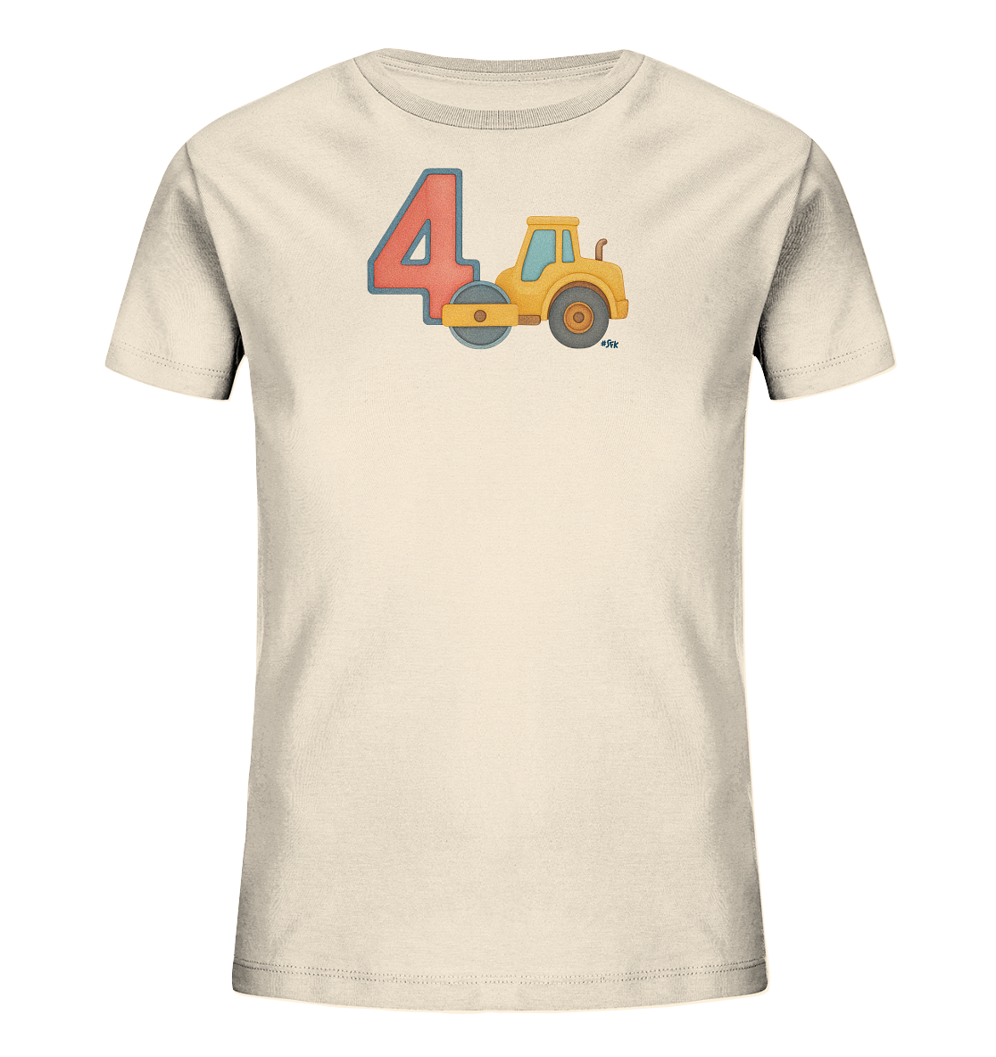 Onlineshop Shirts fuer Kinder - Dieses Bild zeigt ein beigefarbenes Kinder-T-Shirt mit einem farbigen Druck auf der Vorderseite. Der Druck besteht aus der Zahl '4', die in Rot mit blauem Umriss dargestellt ist, und einer gelben Cartoon-Walze daneben. Die Walze hat eine graue Rolle und Raeder sowie ein blaues Fenster. Das Motiv wirkt froehlich und ansprechend fuer Kinder.