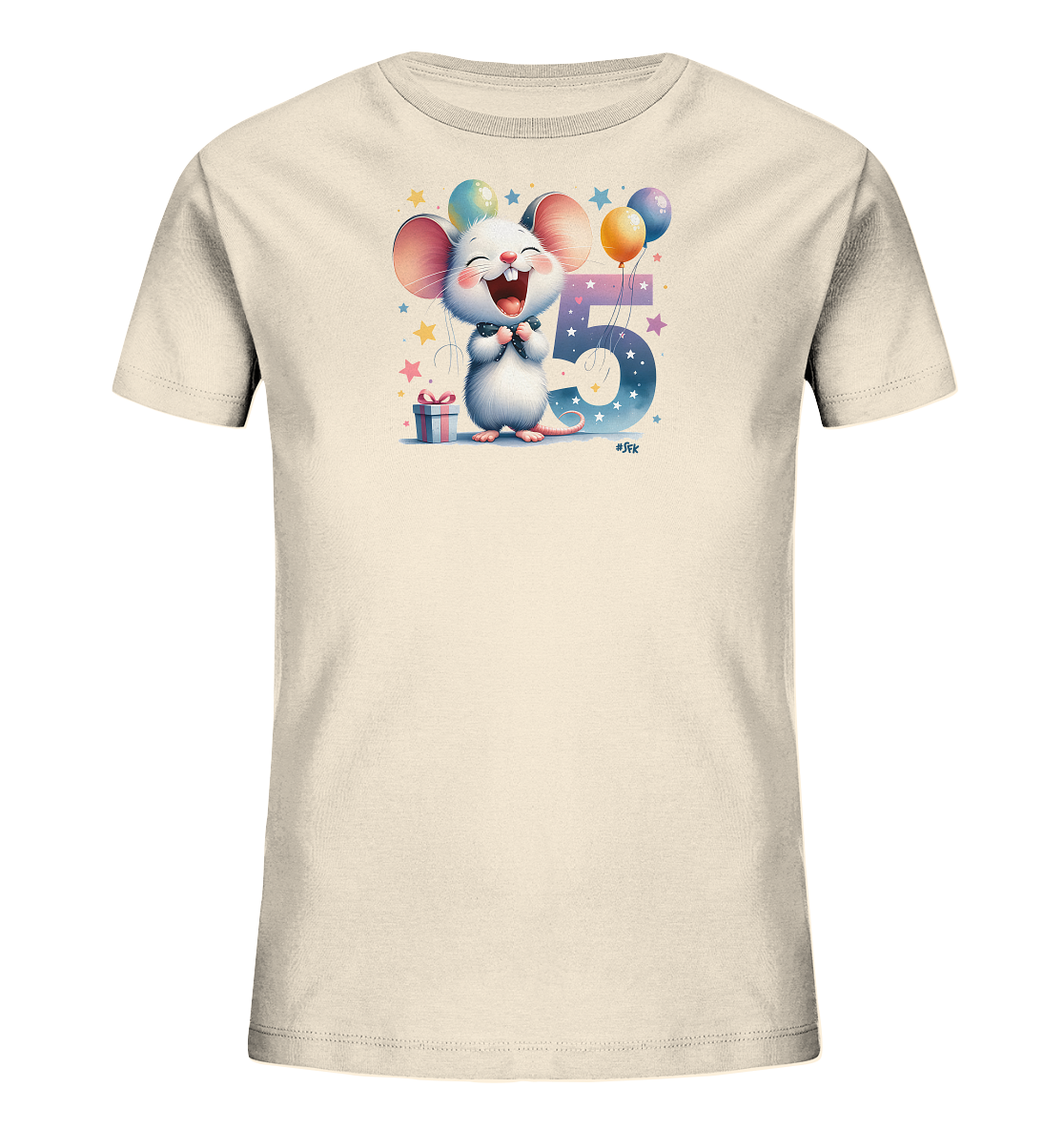 Onlineshop Shirts fuer Kinder - Das Bild zeigt ein cremefarbenes Kinder-T-Shirt mit einem froehlichen Geburtstagsmotiv. Eine lachende Cartoon-Maus sitzt neben einer grossen, bunten Zahl Fuenf. Luftballons, Sterne und ein kleines Geschenk umrahmen die Szene. Das Design wirkt festlich und verspielt.