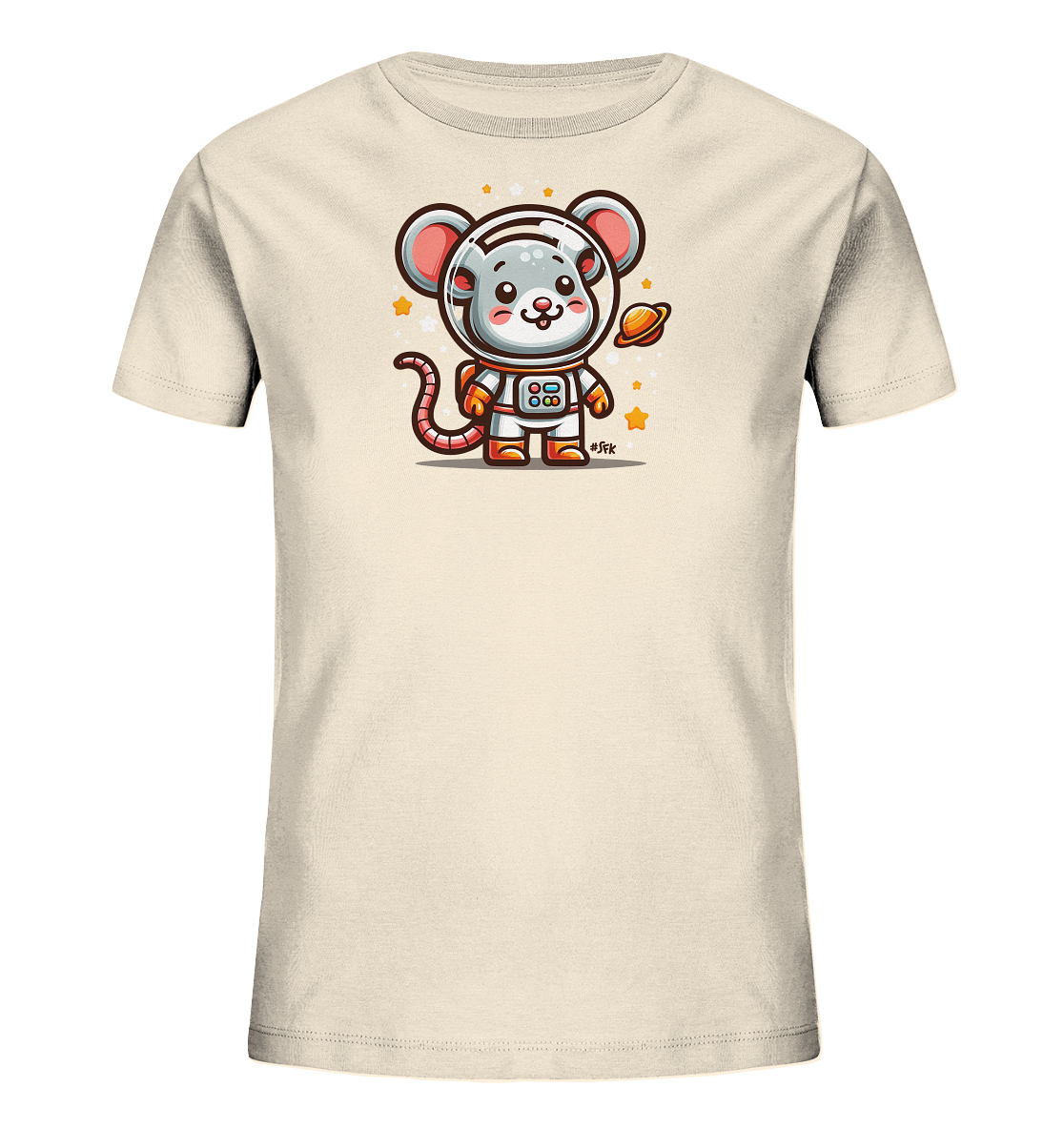Onlineshop Shirts fuer Kinder - Das Bild zeigt ein helles Kinder-T-Shirt mit einer entzueckenden Illustration einer Maus im Astronautenanzug. Die Maus haelt einen kleinen Planeten und ist von Sternen und Glitzer umgeben. Das Design ist farbenfroh und verspielt, perfekt fuer kleine Entdecker. Das T-Shirt hat eine schlichte, moderne Passform.