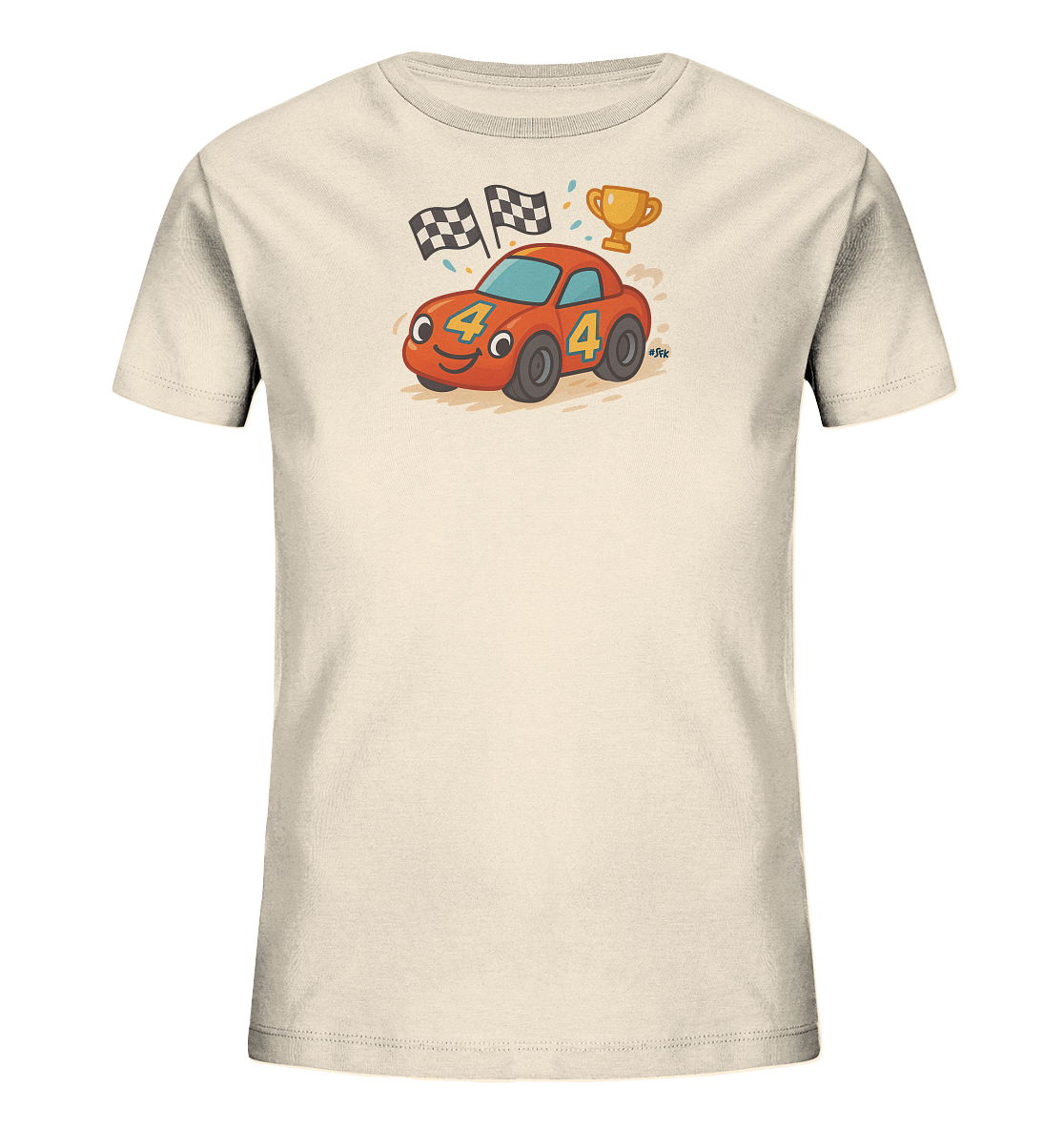 Onlineshop Shirts fuer Kinder - Dieses helle Kinder-T-Shirt zeigt ein lustiges, rotes Rennauto mit der Nummer 4. Das Auto faehrt an zwei Zielflaggen vorbei, und darueber schwebt ein glaenzender Pokal. Das dynamische Design mit dem froehlichen Rennwagen und dem Siegerpokal eignet sich hervorragend fuer kleine Motorsportfans.