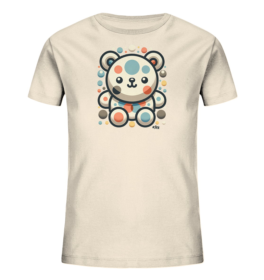 Onlineshop Shirts fuer Kinder - Das Bild zeigt ein cremefarbenes Kinder-T-Shirt mit einem niedlichen Grafikdruck. Das Motiv stellt eine baerenartige Figur dar, die komplett aus bunten Kreisen in verschiedenen Groessen und Farben zusammengesetzt ist. Hellblau, Orange, Grau und Dunkelblau sind die dominierenden Farben in diesem verspielten Design. Um die Figur herum sind weitere kleine farbige Kreise platziert, die das froehliche Bild abrunden.
