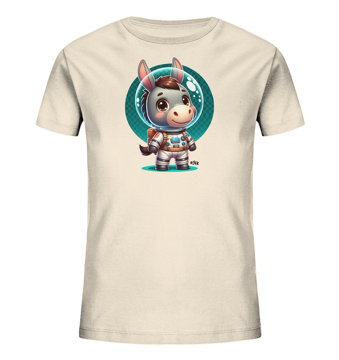 Onlineshop Shirts fuer Kinder - Das Bild zeigt ein helles Kinder-T-Shirt mit einem einzigartigen Aufdruck eines niedlichen Esels in einem Astronautenanzug. Der Esel traegt einen Raumanzug mit Helm und steht vor einem stilisierten, tuerkisfarbenen Hintergrundkreis. Das Motiv ist detailliert und farbenfroh gestaltet.