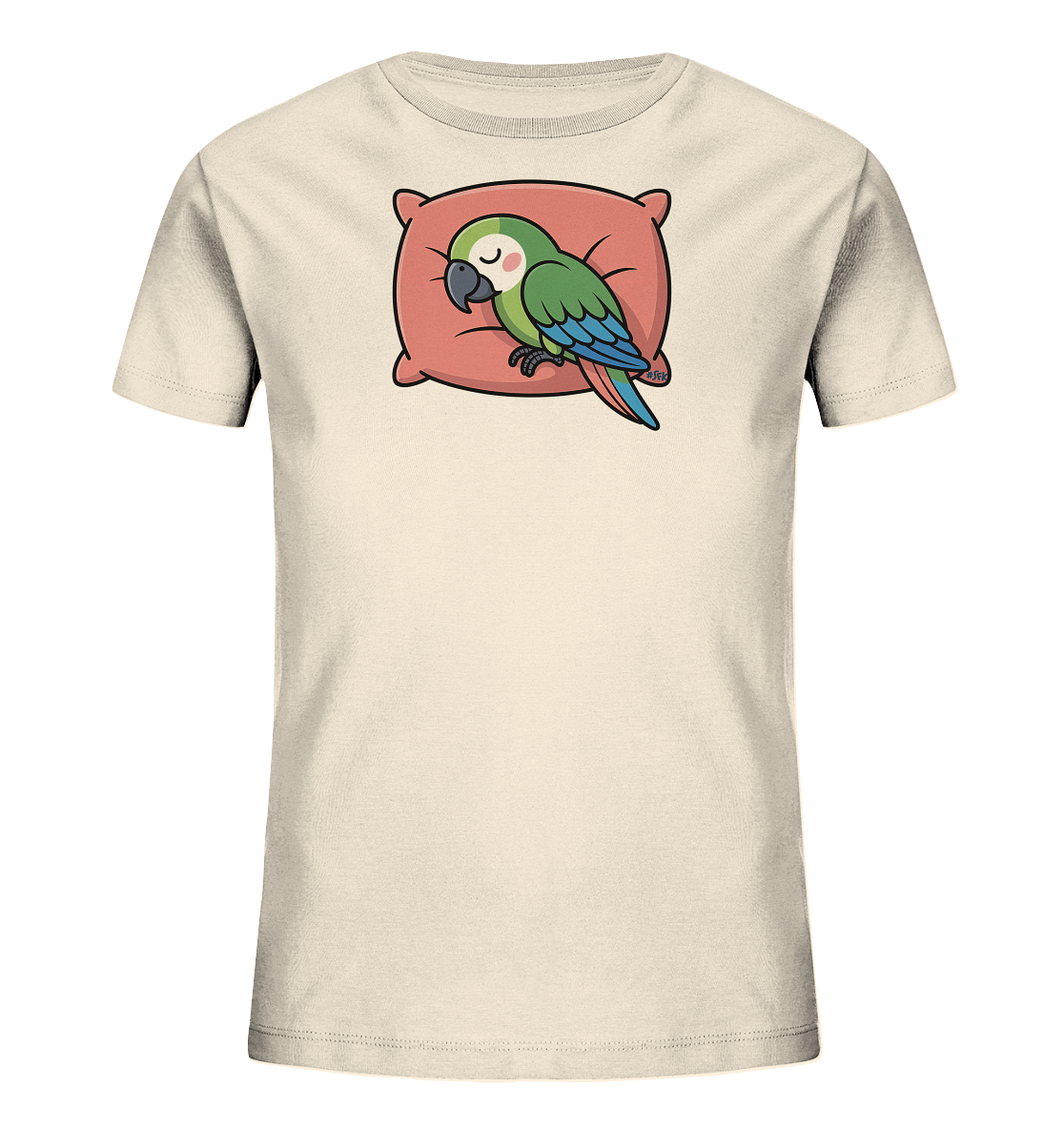 Onlineshop Shirts fuer Kinder - Das Bild zeigt ein hellbeiges Kinder-T-Shirt mit einem niedlichen Aufdruck. Darauf ist ein schlafender gruener Papagei mit blauen Fluegeln zu sehen, der es sich auf einem rosafarbenen Kissen gemuetlich gemacht hat. Die Illustration wirkt friedlich und detailreich.
