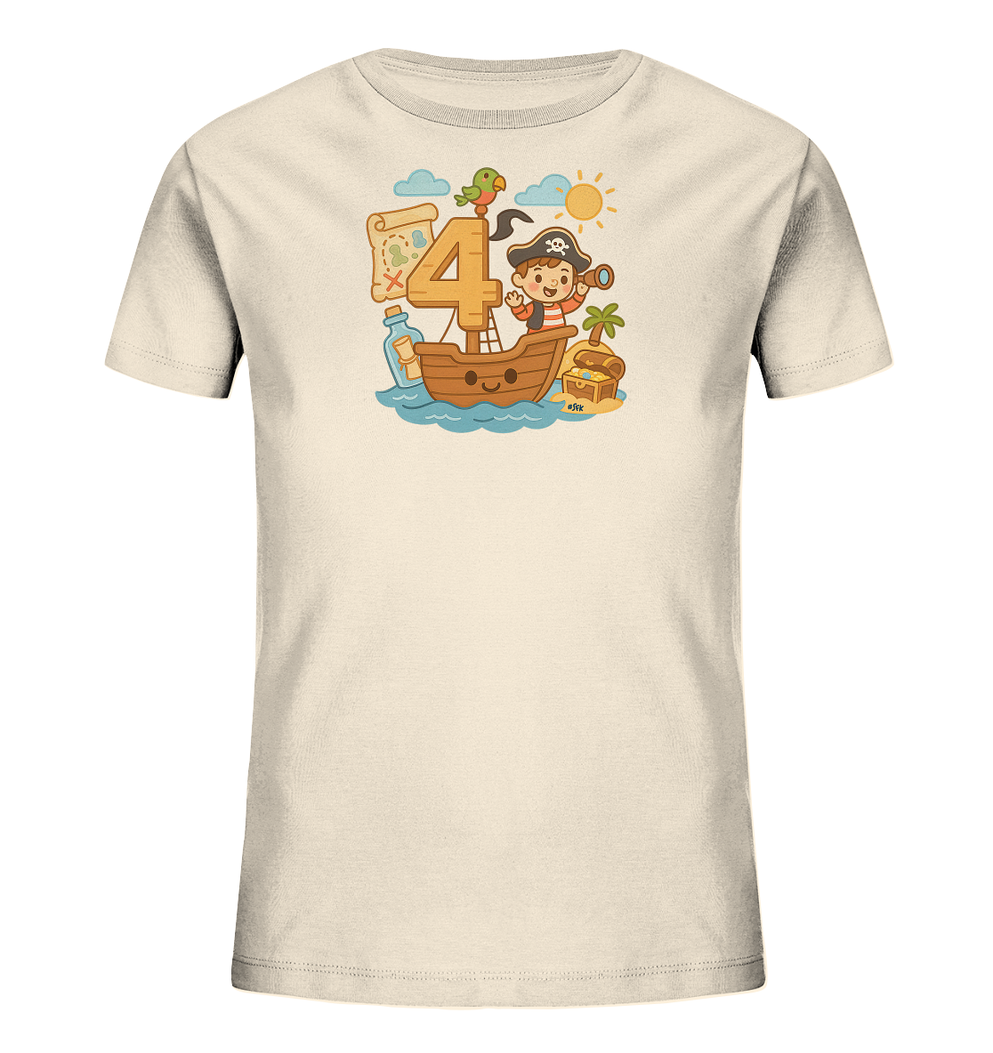 Onlineshop Shirts fuer Kinder - Das Bild zeigt ein beigefarbenes T-Shirt fuer Kinder. Darauf ist eine froehliche Piratenszene abgebildet, passend fuer den 4. Geburtstag. Ein kleiner Pirat segelt in einem Boot, begleitet von einer grossen '4', einem Papagei, einer Schatzkarte und einer Schatztruhe. Die Illustration ist farbenfroh und verspielt, mit Sonne, Wolken und einer kleinen Insel im Hintergrund.