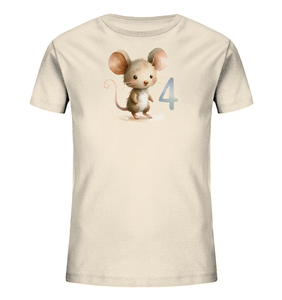 Onlineshop Shirts fuer Kinder - Das Bild zeigt ein beigefarbenes T-Shirt mit einem niedlichen Motiv. Eine kleine Maus im Aquarellstil steht aufrecht neben der Zahl 4. Die Zahl ist hellblau und semi-transparent dargestellt. Das Design ist schlicht und freundlich.