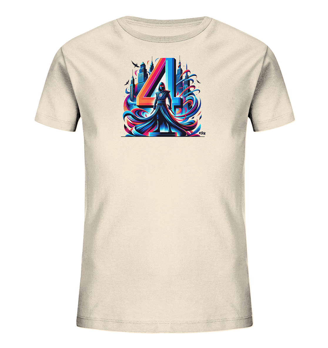 Onlineshop Shirts fuer Kinder - Das T-Shirt in hellem Beigeton zeigt eine kuenstlerische Grafik. Im Zentrum steht eine grosse "4" vor einer stilisierten Stadtsilhouette. Eine Figur in einem Mantel wird von dynamischen, bunten Linien umgeben, die Energie und Bewegung ausdruecken. Das Design ist modern und urban, mit leuchtenden Farben, die ins Auge fallen.