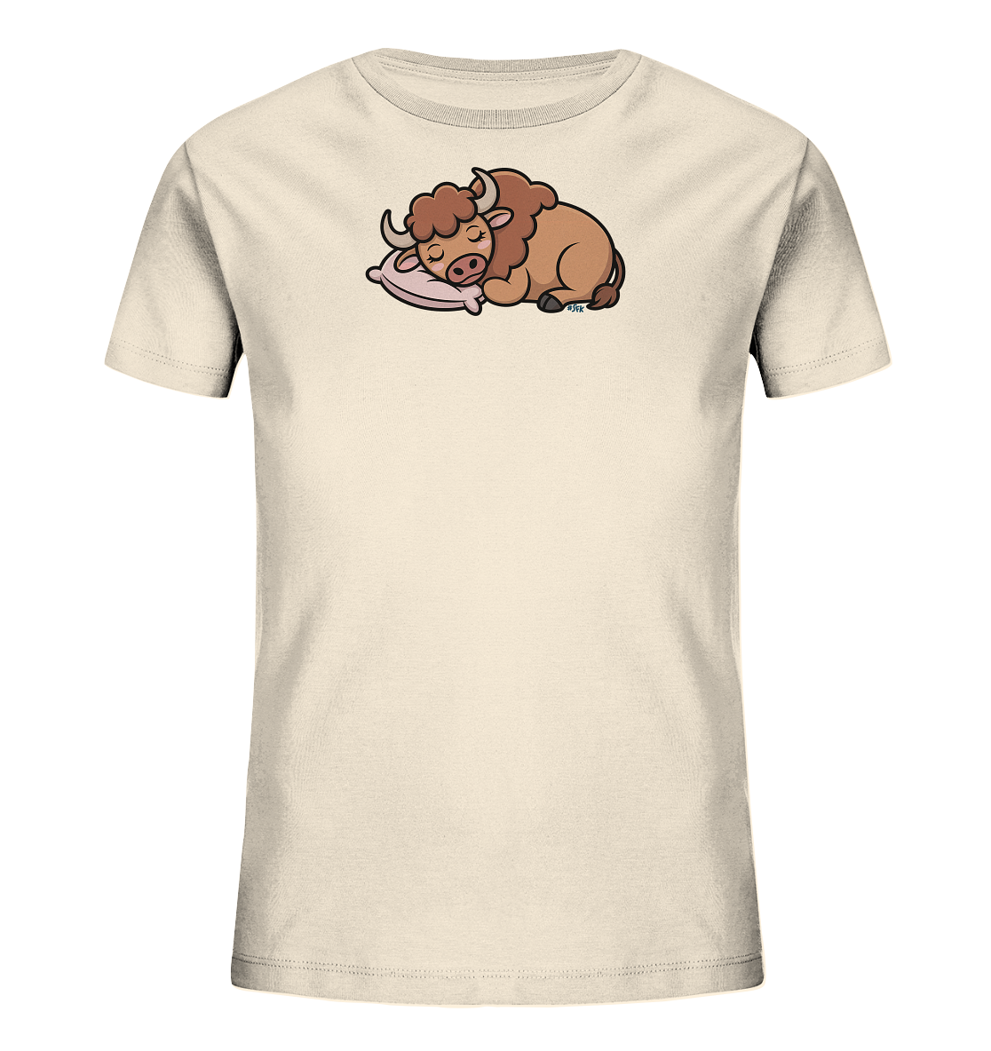 Onlineshop Shirts fuer Kinder - Das Bild zeigt ein hellbeiges Kinder-T-Shirt mit einem niedlichen Frontprint. Abgebildet ist ein schlafendes, braunes Bison, das gemuetlich auf einem rosa Kissen liegt. Das cartoonartige Tier hat die Augen geschlossen und vermittelt einen friedlichen Ausdruck. Dieses Design verleiht dem Shirt einen sanften und beruhigenden Charakter.