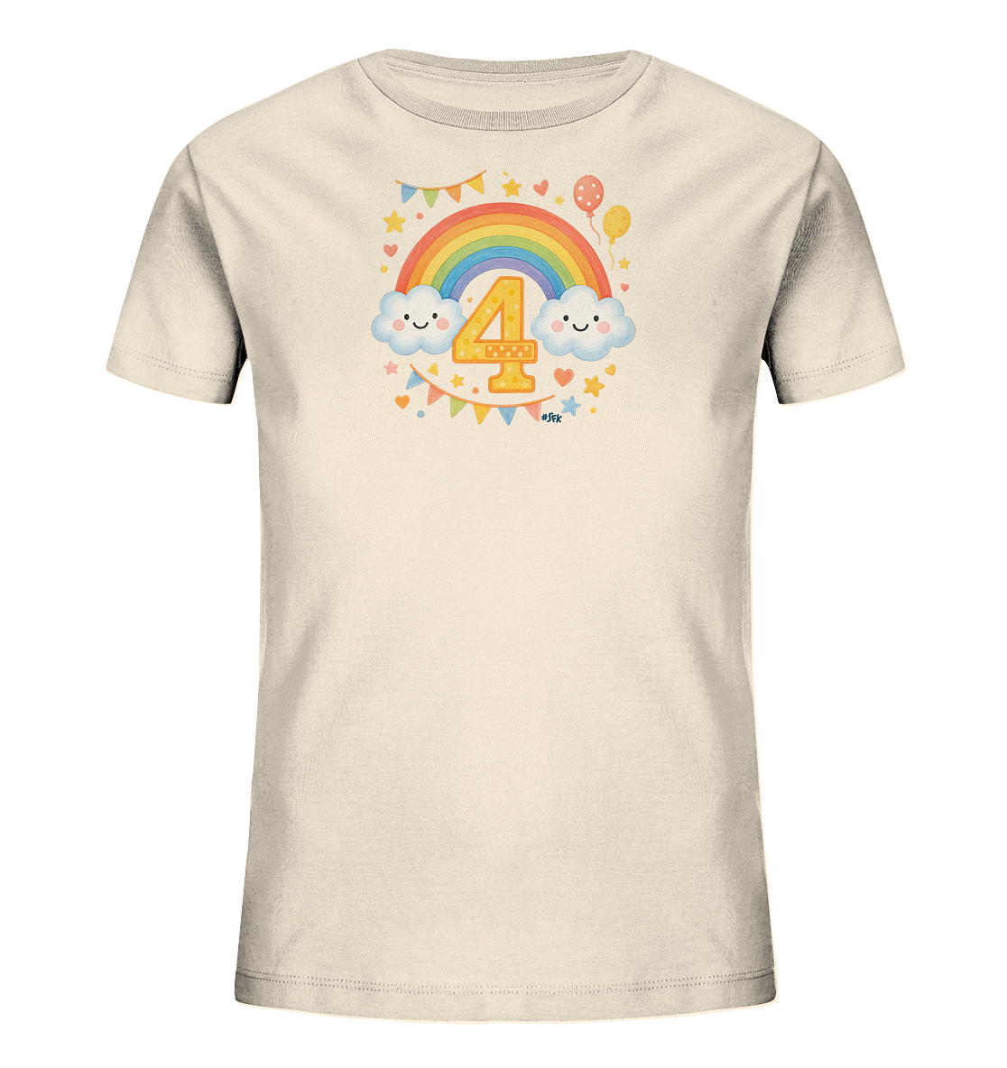 Onlineshop Shirts fuer Kinder - Das T-Shirt zeigt einen bunten Regenbogen mit laechelnden Wolken. Im Vordergrund steht die grosse, gelbe Zahl 4, umgeben von festlichen Elementen wie Sternen, Herzen und Wimpelketten. Das Design wirkt froehlich und farbenfroh, ideal fuer Kinder. Das Shirt selbst hat eine helle, neutrale Farbe.