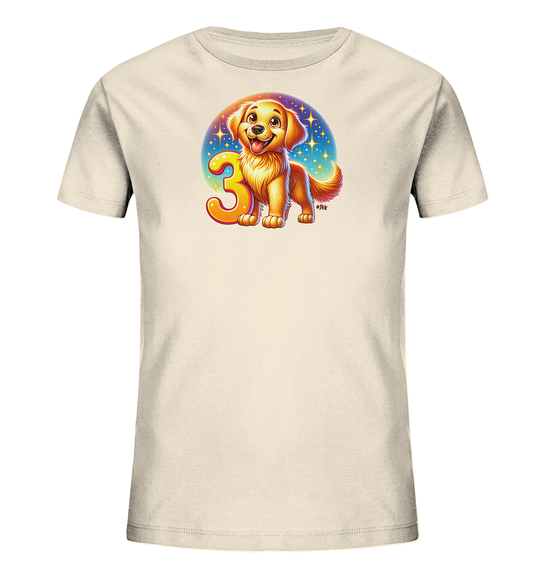 Onlineshop Shirts fuer Kinder - Das T-Shirt in einem hellen Beigeton zeigt einen niedlichen, laechelnden Golden Retriever Welpen. Der Welpe steht neben einer grossen, farbigen Zahl "3". Im Hintergrund ist ein runder Sternenhimmel mit leuchtenden Sternen abgebildet, der dem Motiv einen festlichen Glanz verleiht. Das Design ist froehlich und farbenfroh gestaltet.