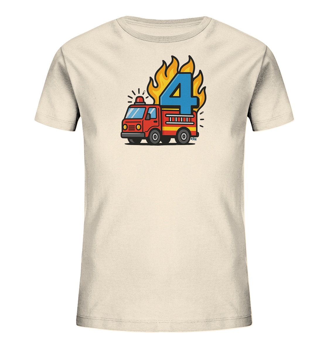 Onlineshop Shirts fuer Kinder - Das Bild zeigt ein hellbeiges Kinder-T-Shirt mit einem farbenfrohen Druck auf der Vorderseite. Zu sehen ist ein rotes Feuerwehrauto mit Blaulicht und einer grossen, blauen Zahl Vier dahinter. Diese Zahl wird von gelb-roten Flammen umrahmt, was ein dynamisches Motiv ergibt. Das Design ist spielerisch und passend fuer junge Fans von Einsatzfahrzeugen.