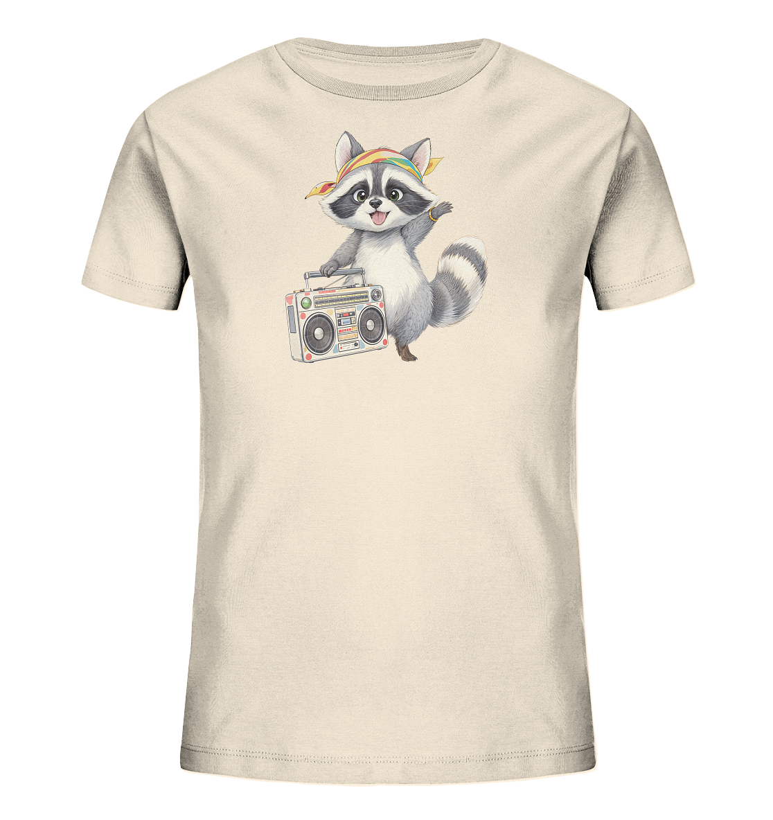 Onlineshop Shirts fuer Kinder - Das Bild zeigt ein beiges Kinder-T-Shirt mit einem detaillierten Motiv eines froehlichen Waschbaeren. Der Waschbaer traegt ein regenbogenfarbenes Kopftuch und haelt einen kleinen Ghettoblaster. Sein freundlicher Ausdruck und das bunte Design verleihen dem Shirt einen verspielten und lebendigen Charakter.