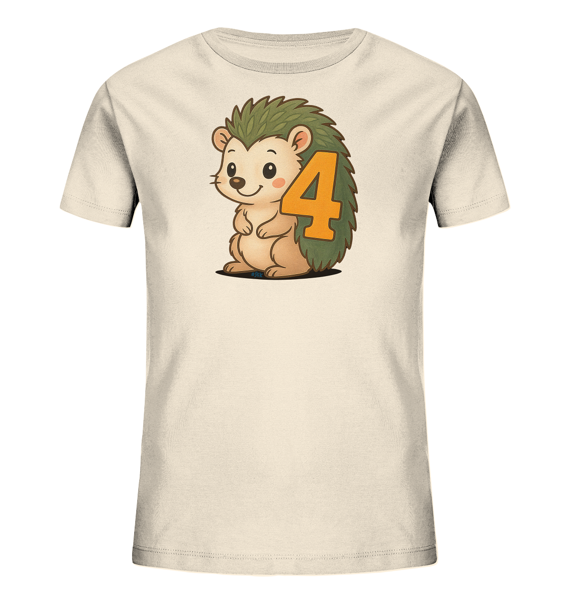 Onlineshop Shirts fuer Kinder - Das Bild zeigt ein helles Kinder-T-Shirt mit einem froehlichen Comic-Igel auf der Vorderseite. Der Igel sitzt, hat gruene Stacheln und ein freundliches Laecheln. Auf seinem Ruecken ist deutlich die orange Zahl '4' zu sehen. Das Design ist neutral und kinderfreundlich gestaltet.