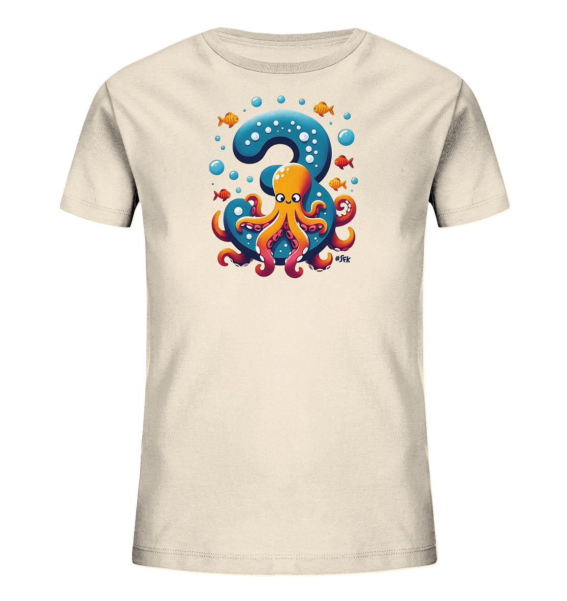 Onlineshop Shirts fuer Kinder - Das Bild zeigt ein helles Kinder-T-Shirt. Es zeigt eine grosse blaue Zahl '3' mit Blasen darum. Ein freundlicher oranger Oktopus umschlingt die Zahl. Mehrere kleine orangefarbene Fische schwimmen im Design.