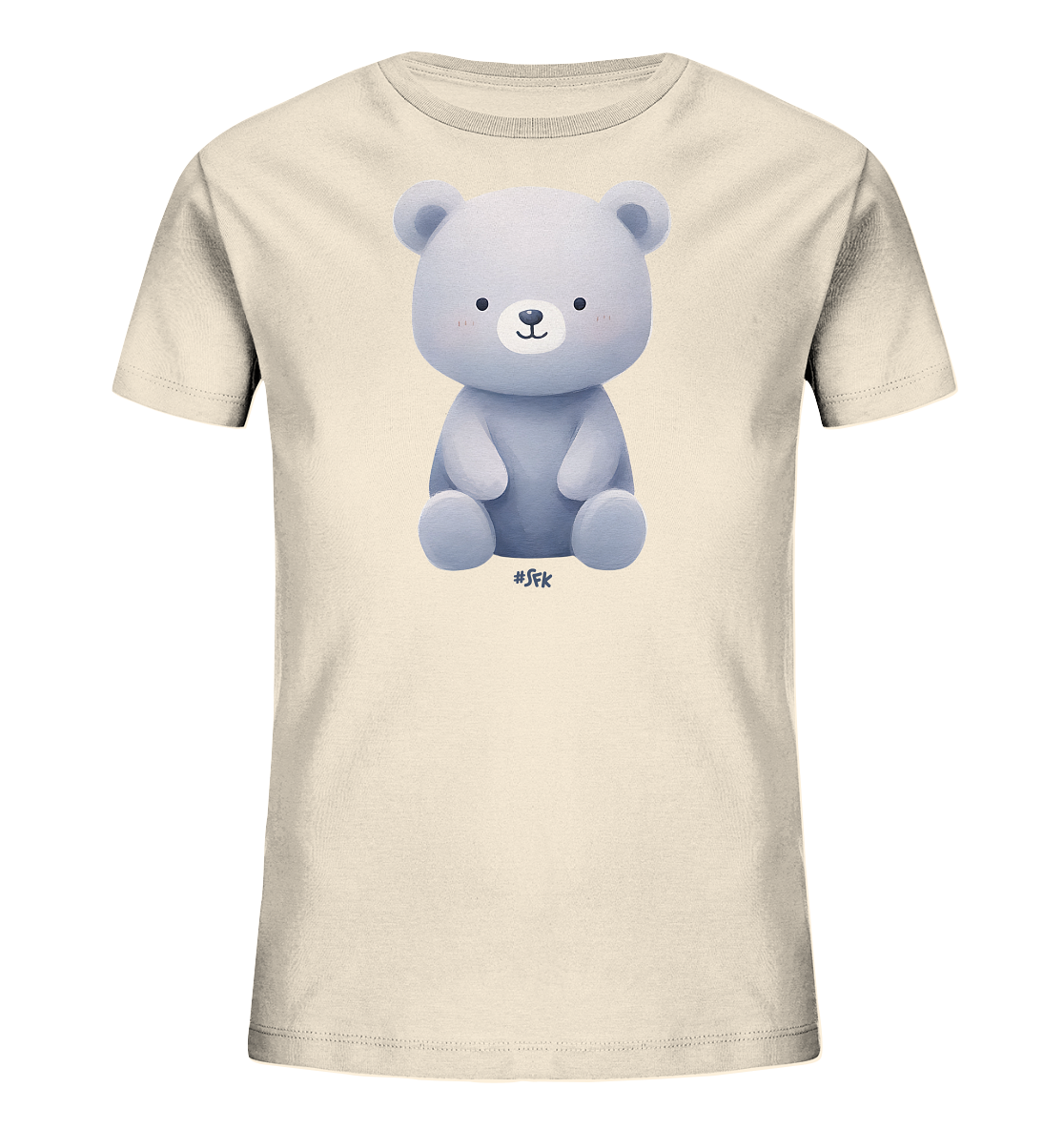 Onlineshop Shirts fuer Kinder - Dieses Bild zeigt ein hellbeige Kinder-T-Shirt mit einem zentral platzierten Druck. Das Motiv ist ein sitzender, hellblauer Baer mit freundlichem Gesichtsausdruck. Der Baer hat runde Ohren und leicht geroetete Wangen. Das Design ist schlicht und ansprechend fuer Kinder.