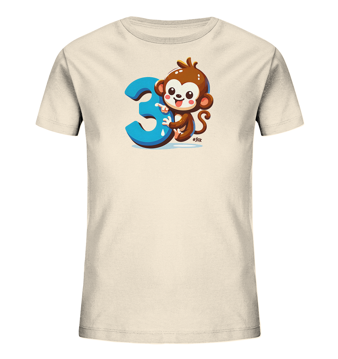 Onlineshop Shirts fuer Kinder - Das Bild zeigt ein hellbeiges Kinder T-Shirt mit einem niedlichen Comic-Motiv. Ein froehlicher Affe haelt sich an der grossen blauen Zahl '3' fest. Das Design ist farbenfroh und kindgerecht gestaltet. Es verleiht dem Shirt einen verspielten Look.