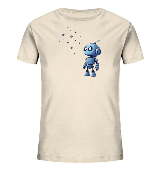 Onlineshop Shirts für Kinder - Das Bild zeigt ein cremefarbenes, kurzärmeliges T-Shirt für Kinder. Auf der Vorderseite ist ein kleiner, blauer Cartoon-Roboter abgebildet. Der Roboter hat große, runde Augen und steht aufrecht, blickt nach links oben. Oberhalb und links vom Roboter ist eine Ansammlung von stilisierten blauen Sternen und Punkten zu sehen, die wie ein Sternenschweif wirken. Das Design ist schlicht und verspielt.