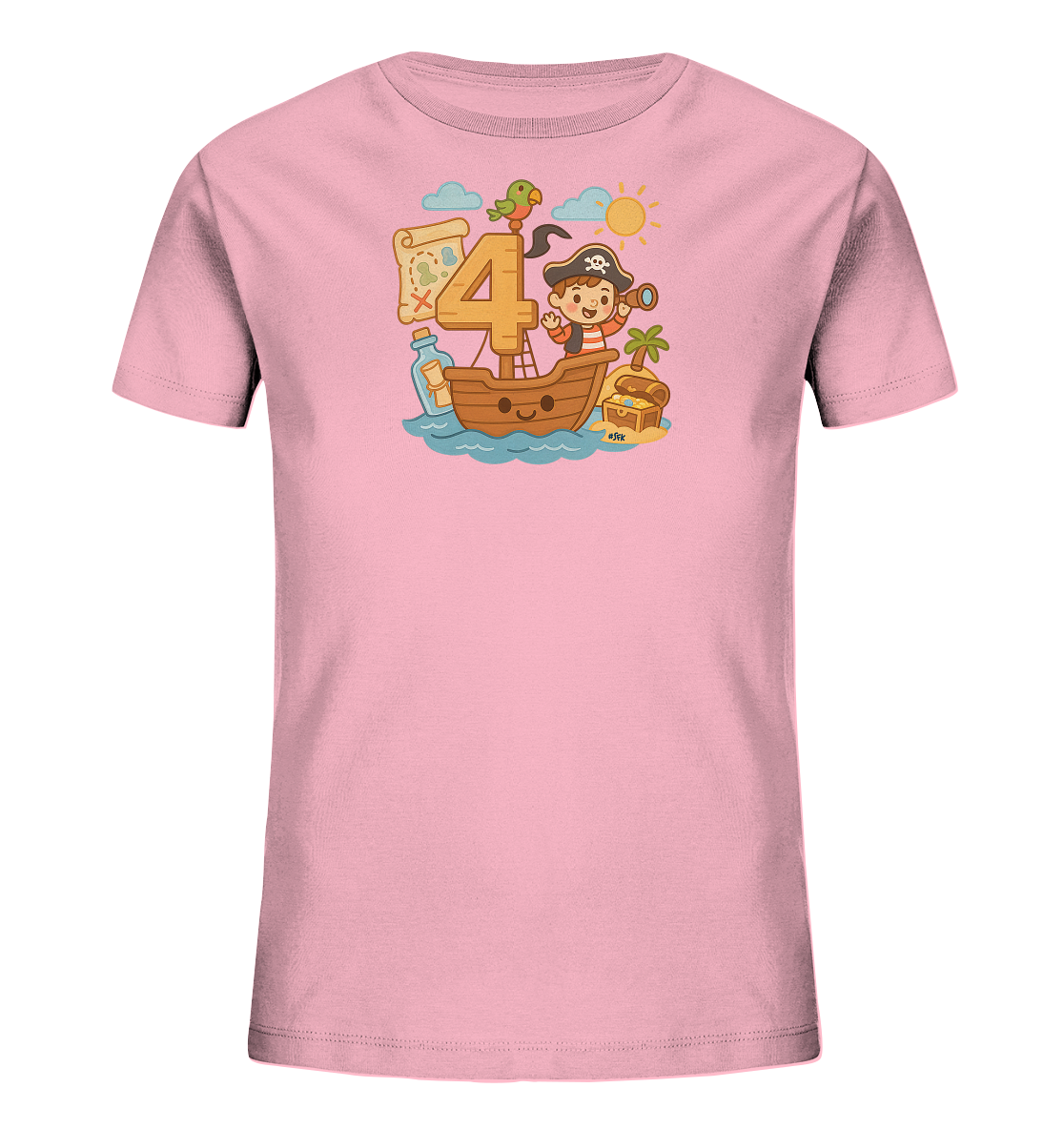 Onlineshop Shirts fuer Kinder - Das Bild zeigt ein pinkes Kinder-T-Shirt mit einem froehlichen Piratenmotiv auf der Vorderseite. Im Zentrum steht ein laechelndes Piratenboot auf Wellen, flankiert von einer grossen Zahl 4. Ein Piratenkind mit Fernrohr, ein Papagei, eine Schatzkarte und eine Schatzkiste sind ebenfalls Teil des detailreichen Designs. Die Illustration wirkt lebendig und verspielt.