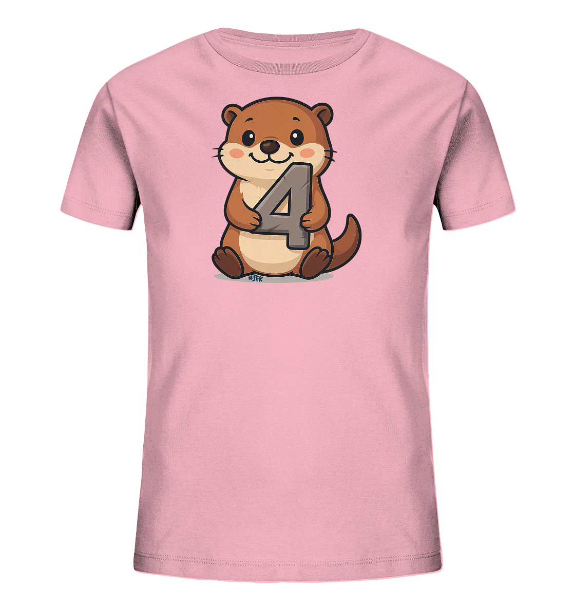 Onlineshop Shirts fuer Kinder - Das Bild zeigt ein hellrosa T-Shirt fuer Kinder mit einem Motiv. Darauf ist eine niedliche, cartoonhafte Illustration eines Otters zu sehen. Der Otter sitzt und haelt die graue Zahl Vier in seinen Pfoten. Das Design wirkt freundlich und verspielt.