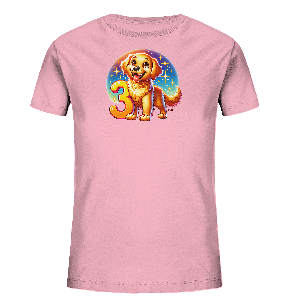 Onlineshop Shirts fuer Kinder - Das Bild zeigt ein rosa Kinder-T-Shirt mit einem niedlichen Aufdruck. Zentral darauf zu sehen ist ein lachender, goldener Hund, der aufrecht sitzt. Neben dem Hund steht die grosse, leuchtende Zahl '3'. Der Hintergrund ist ein Kreis mit funkelnden Sternen in Blautoenen.