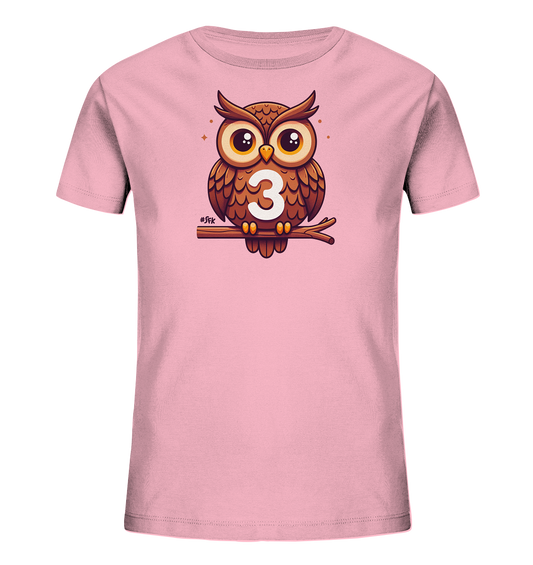 Kinder T-Shirt mit Cartoon-Eule auf Ast, großen Augen und Zahl 3