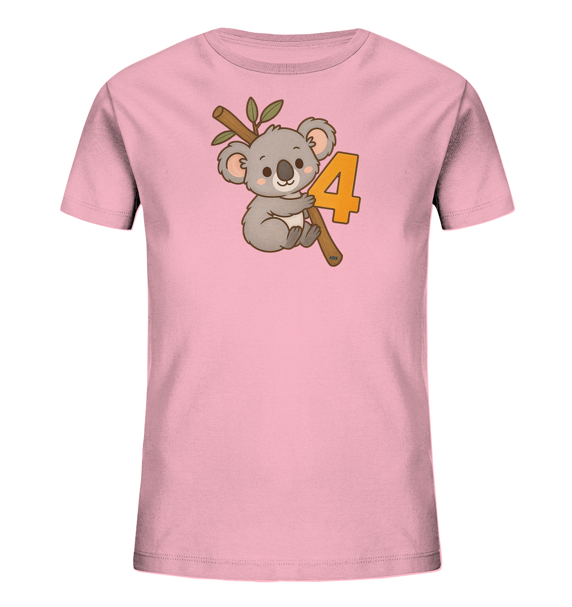Onlineshop Shirts fuer Kinder - Das Bild zeigt ein rosa Kinder-T-Shirt mit einem niedlichen Motiv auf der Vorderseite. Ein kleiner Cartoon-Koala sitzt auf einem Ast mit Blaettern. Neben dem Koala ist die grosse orangefarbene Zahl "4" zu sehen. Das Design wirkt freundlich und ist passend fuer ein Kind, das vier Jahre alt wird.