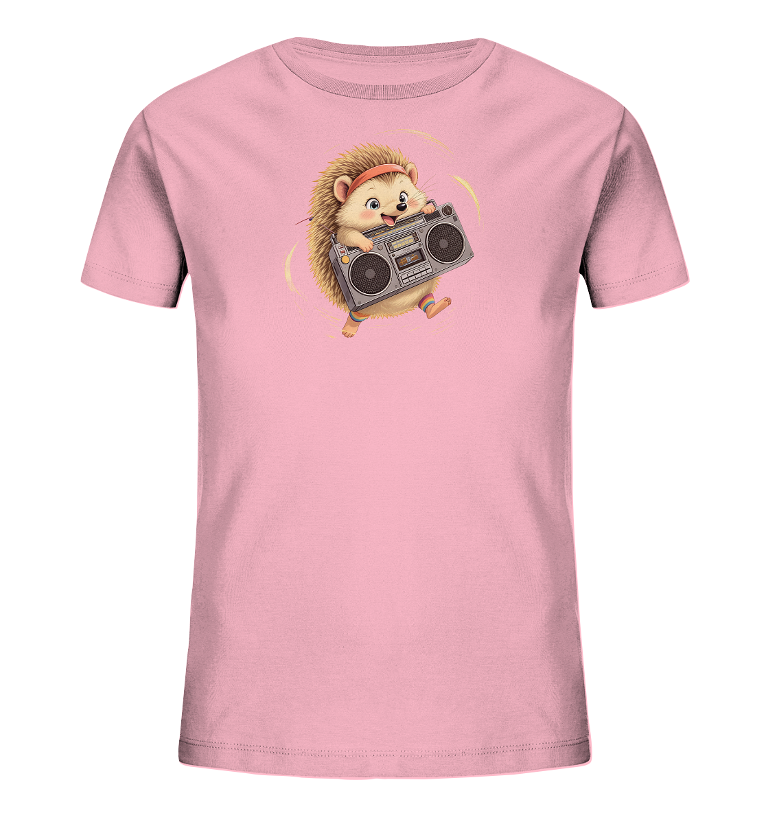 Onlineshop Shirts fuer Kinder - Das Bild zeigt ein hellrosa T-Shirt fuer Kinder. Auf der Vorderseite ist eine verspielte Grafik eines Igels abgebildet. Der Igel traegt ein Stirnband und bunte Socken und haelt eine Boombox. Das Design vermittelt eine froehliche und dynamische Stimmung.