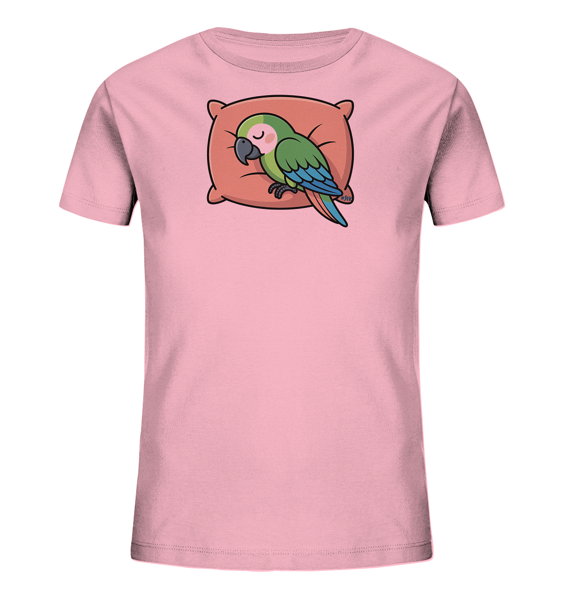 Onlineshop Shirts fuer Kinder - Das Bild zeigt ein hellrosa Kinder-T-Shirt mit einem niedlichen Motiv eines schlafenden Papageis. Der gruene Papagei mit blauen Fluegeln liegt friedlich auf einem orange-roten Kissen. Das Design wirkt beruhigend und ist ansprechend fuer kleine Kinder.