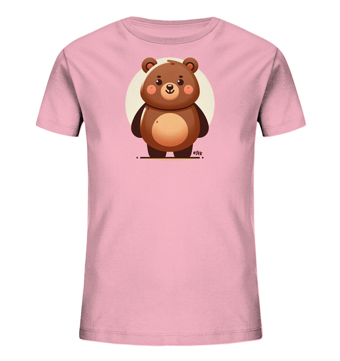Onlineshop Shirts fuer Kinder - Das Bild zeigt ein hellrosa Kinder-T-Shirt mit einem zentralen Druck eines niedlichen, cartoonhaften Baeren. Der braune Baer hat grosse Augen, laechelnde Wangen und steht vor einem hellen Kreis. Das Design ist simpel und kinderfreundlich gehalten.