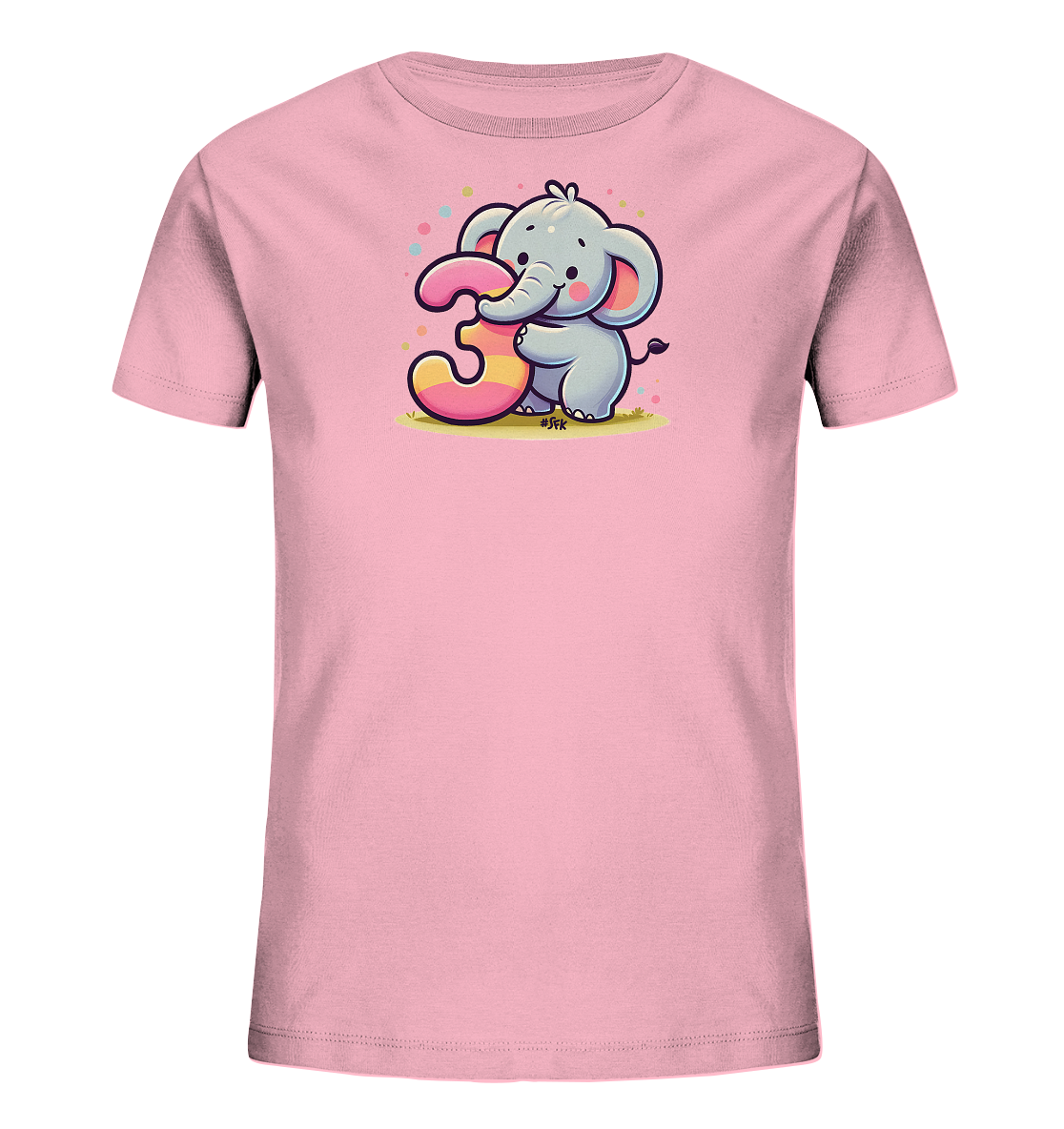 Onlineshop Shirts fuer Kinder - Das Bild zeigt ein rosafarbenes T-Shirt fuer Kinder. Darauf ist ein niedlicher, grauer Cartoon-Elefant abgebildet, der die grosse Zahl '3' haelt. Die Zahl ist pink und gelb gestreift und wird von bunten Punkten umgeben. Das Motiv wirkt froehlich und ist ideal fuer kleine Kinder.