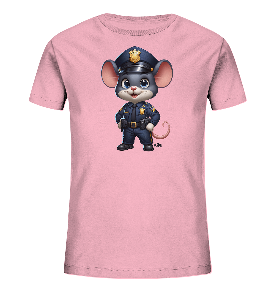 Onlineshop Shirts für Kinder - Das Bild zeigt ein rosafarbenes T-Shirt für Kinder auf schwarzem Hintergrund. Die Vorderseite des Shirts ist mit einer detailreichen Illustration einer anthropomorphen Maus bedruckt. Die Maus ist als Polizist dargestellt und trägt eine dunkelblaue Uniform mit Mütze und Abzeichen. Sie steht aufrecht mit den Händen in den Hüften und hat große, freundliche Augen.