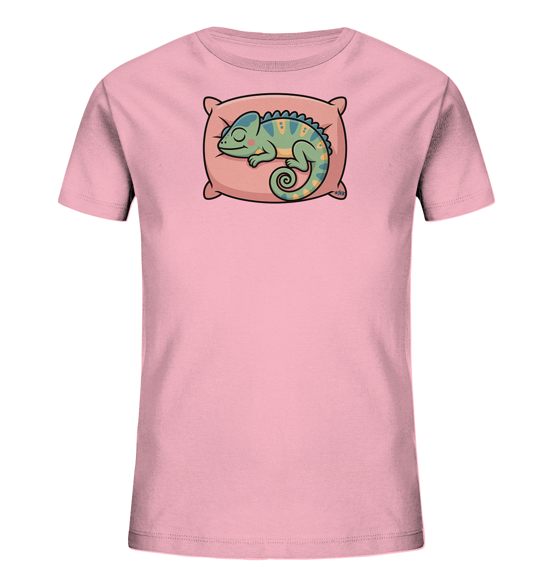 Kinder T-Shirt – Gemütliches Chamäleon auf rosa Kissen