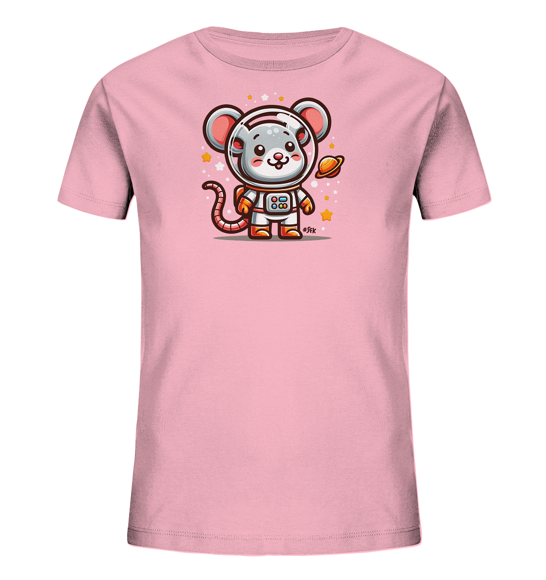 Onlineshop Shirts fuer Kinder - Dieses T-Shirt fuer Kinder in hellem Rosa zeigt eine niedliche Cartoon-Maus in einem Astronautenanzug. Die Maus traegt einen Helm und haelt einen kleinen Planeten in der Hand. Sterne und Punkte in verschiedenen Groessen umgeben die Maus und vermitteln ein froehliches Weltraum-Thema. Das Design ist detailliert und farbenfroh.