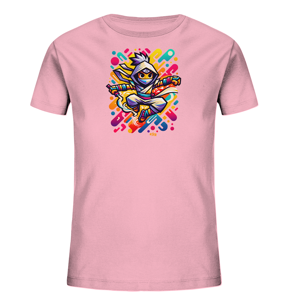 Onlineshop Shirts fuer Kinder - Das Bild zeigt ein hellrosa Kinder-T-Shirt mit einer farbenfrohen Illustration auf der Vorderseite. Das Motiv stellt eine verspielte, ninja-aehnliche Figur dar, die in Bewegung dargestellt ist. Dahinter befindet sich ein dynamischer, abstrakter Hintergrund aus bunten Formen und Linien in leuchtenden Farben. Das Design wirkt lebendig und modern.