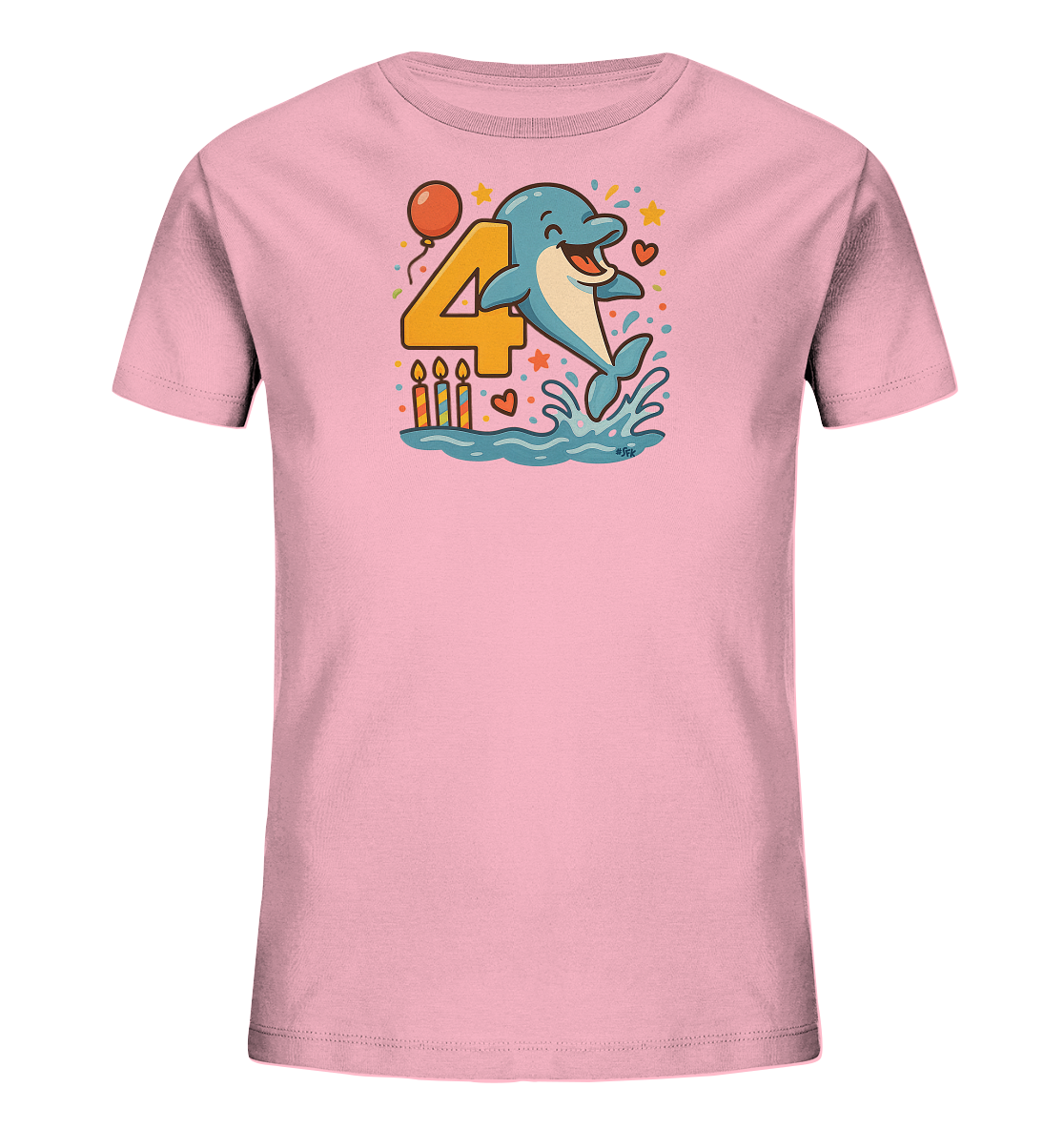 Onlineshop Shirts fuer Kinder - Dieses rosa T-Shirt zeigt eine froehliche Grafik eines springenden Delphins neben einer grossen orangen Zahl '4'. Das Design ist festlich gestaltet mit Geburtstagskerzen, einem Ballon sowie kleinen Sternen und Herzen. Es ist ein ideales Motiv fuer den vierten Geburtstag.