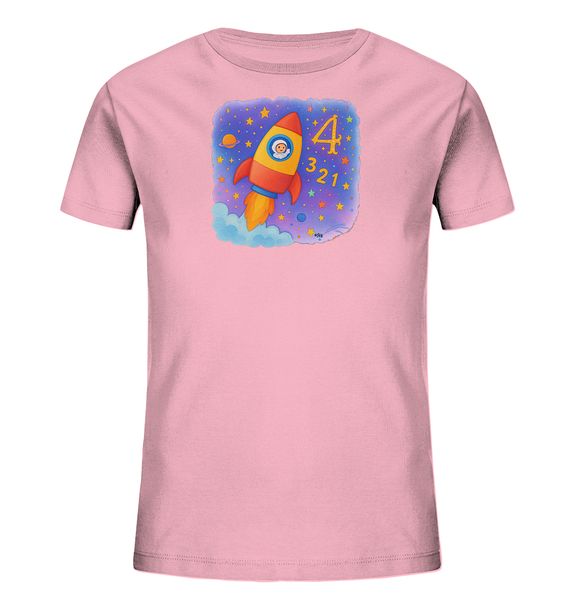 Onlineshop Shirts fuer Kinder - Dieses rosa Kinder-T-Shirt zeigt ein buntes Weltall-Motiv. Eine orange-rote Rakete mit einem kleinen Astronauten hebt von den Wolken in den Nachthimmel ab. Im Sternenhimmel sind die Zahlen 4, 3, 2 und 1 abgebildet, umgeben von Sternen und einem Planeten. Das Design ist froehlich und detailreich gestaltet.