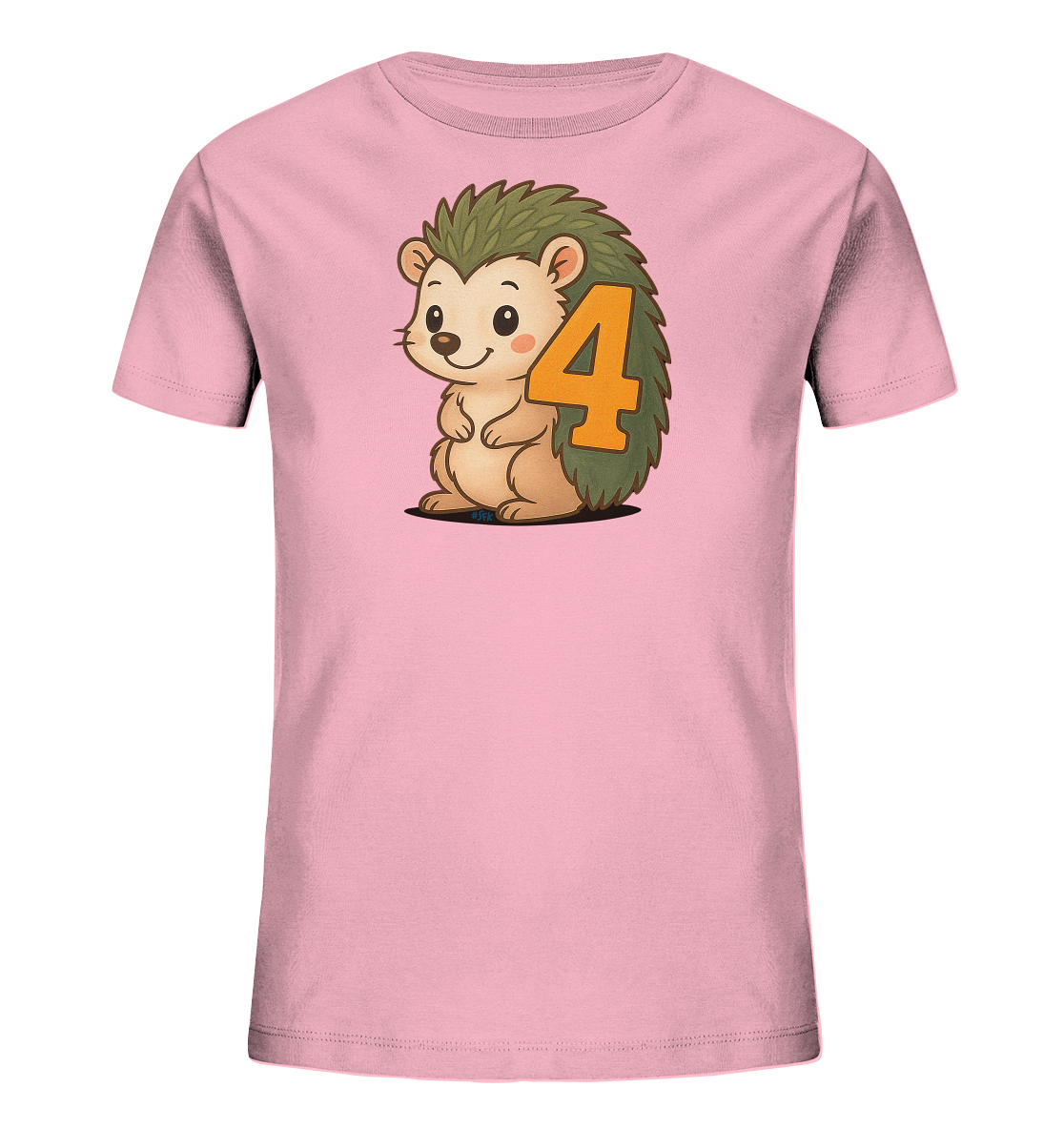 Onlineshop Shirts fuer Kinder - Das Bild zeigt ein rosafarbenes Kinder-T-Shirt mit einer niedlichen Illustration eines Igels auf der Vorderseite. Der cartoonhafte Igel hat gruene Stacheln und ein freundliches Gesicht. Auf seinem Ruecken ist die orangefarbene Zahl '4' prominent platziert. Das gesamte Motiv wirkt verspielt und kindgerecht.
