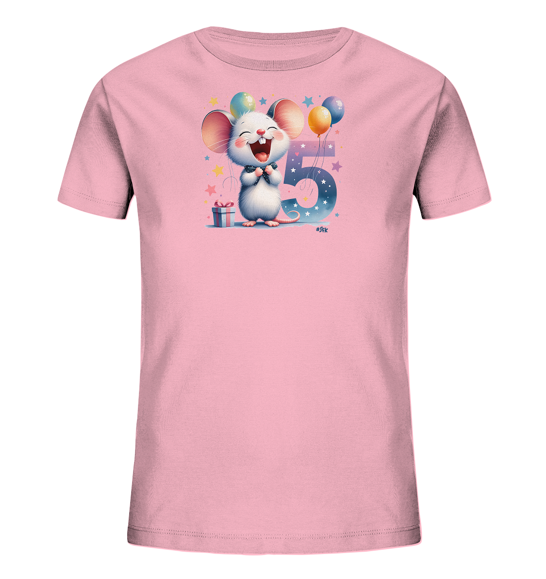 Onlineshop Shirts fuer Kinder - Das Bild zeigt ein rosa Kinder-T-Shirt mit einem froehlichen Motiv auf der Vorderseite. Darauf ist eine lachende Maus zu sehen, die von Ballons, Sternen und einem Geschenk umgeben ist. Neben der Maus steht eine grosse, stilisierte Zahl '5' mit Sternenmuster. Das Design ist im Cartoon-Stil gehalten und wirkt festlich.