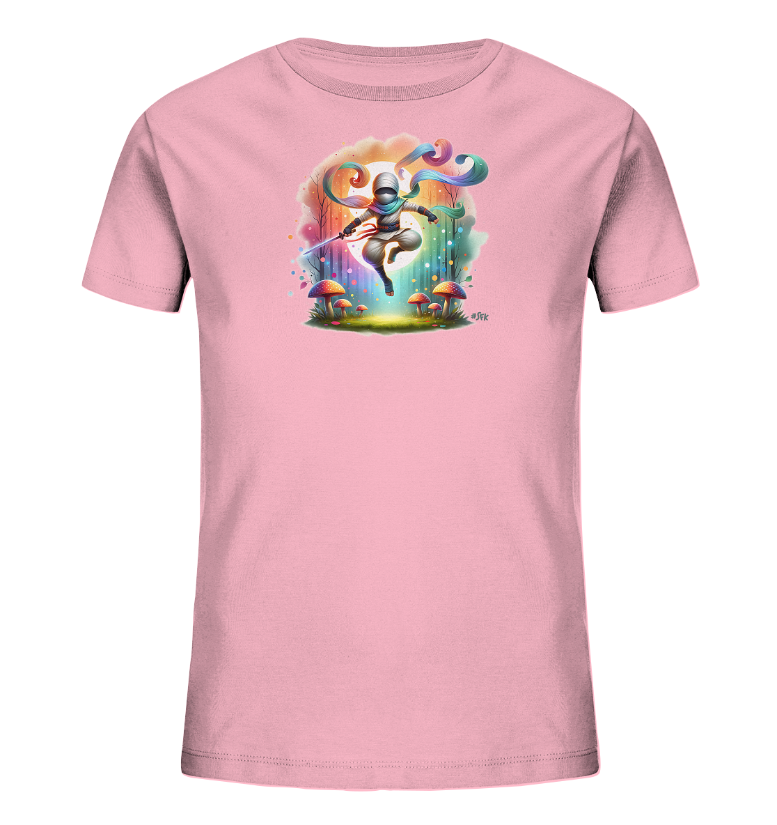 Onlineshop Shirts fuer Kinder - Das Bild zeigt ein rosafarbenes Kinder-T-Shirt mit einem fantasievollen Druck auf der Vorderseite. Das Motiv stellt eine maskierte Figur in dynamischer Pose dar, umgeben von bunten Wirbeln und einem leuchtenden Hintergrund. Im Vordergrund sind mehrere Pilze mit roten Kappen zu sehen. Das Design wirkt farbenfroh und abenteuerlich.