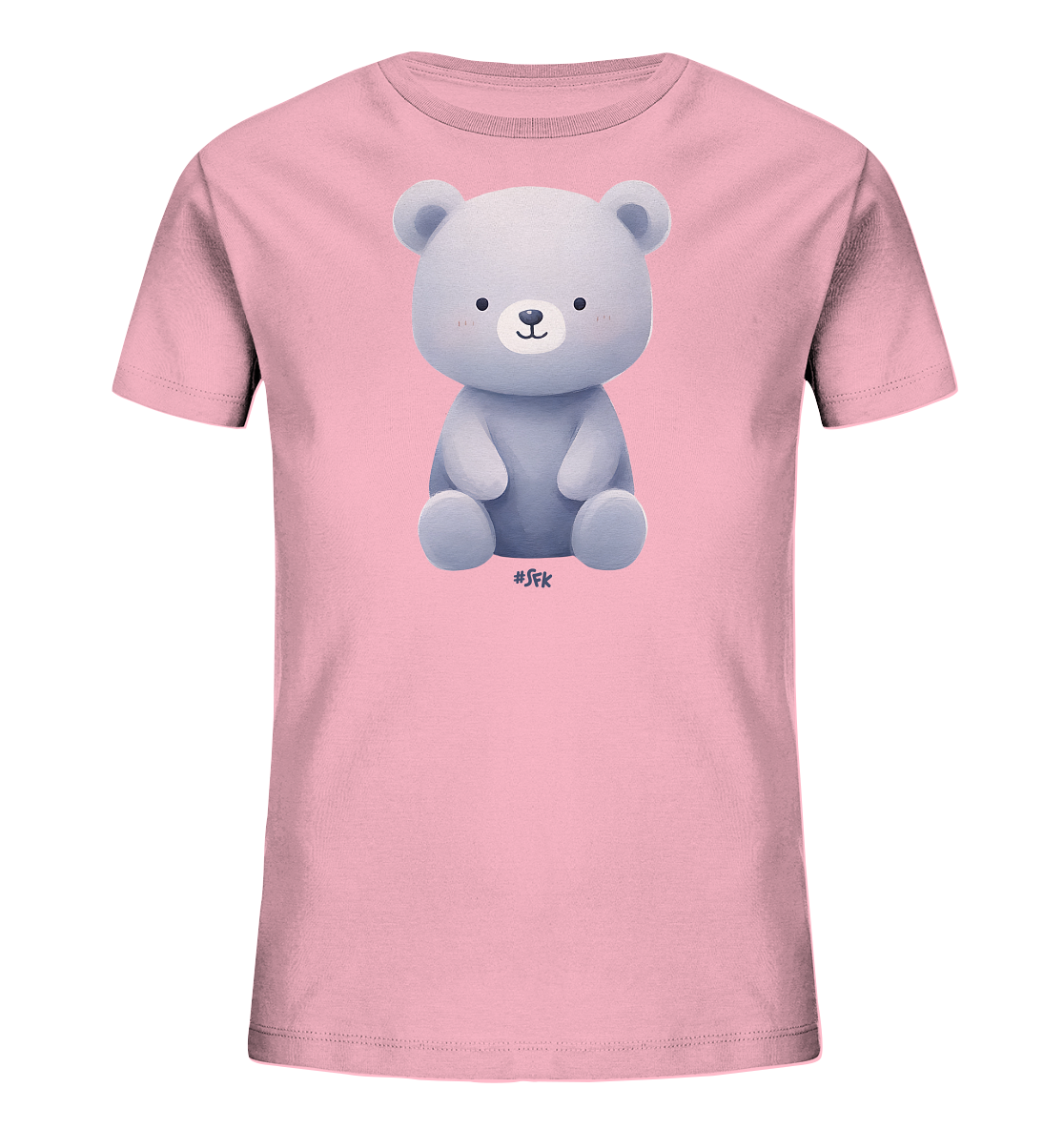 Onlineshop Shirts fuer Kinder - Das Bild zeigt ein rosa Kinder-T-Shirt mit einem suessen, cartoonartigen Baerenmotiv auf der Vorderseite. Der Baer hat hellgraues Fell, grosse Ohren und ein freundliches Laecheln. Er sitzt aufrecht in der Mitte des Shirts. Die Illustration ist in einem weichen, kindgerechten Stil gehalten.